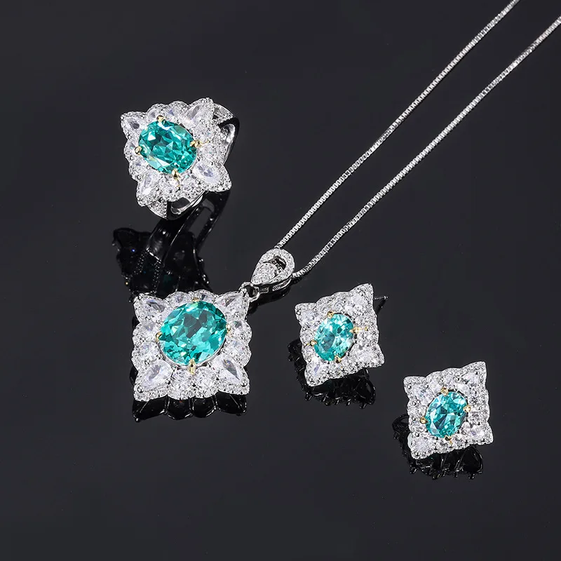 Tiktok Live TV Hot Sale S925 Full body Silver Jewelry Popular Women's Jewelry Tourmaline Palaiba Ring Earnail Pendant Set