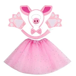 Pink Pig Girl Costume Set Plush Animal Ear Nose Headband Tail Paw Gloves and Mesh Tutu Skirt  Accessories Party