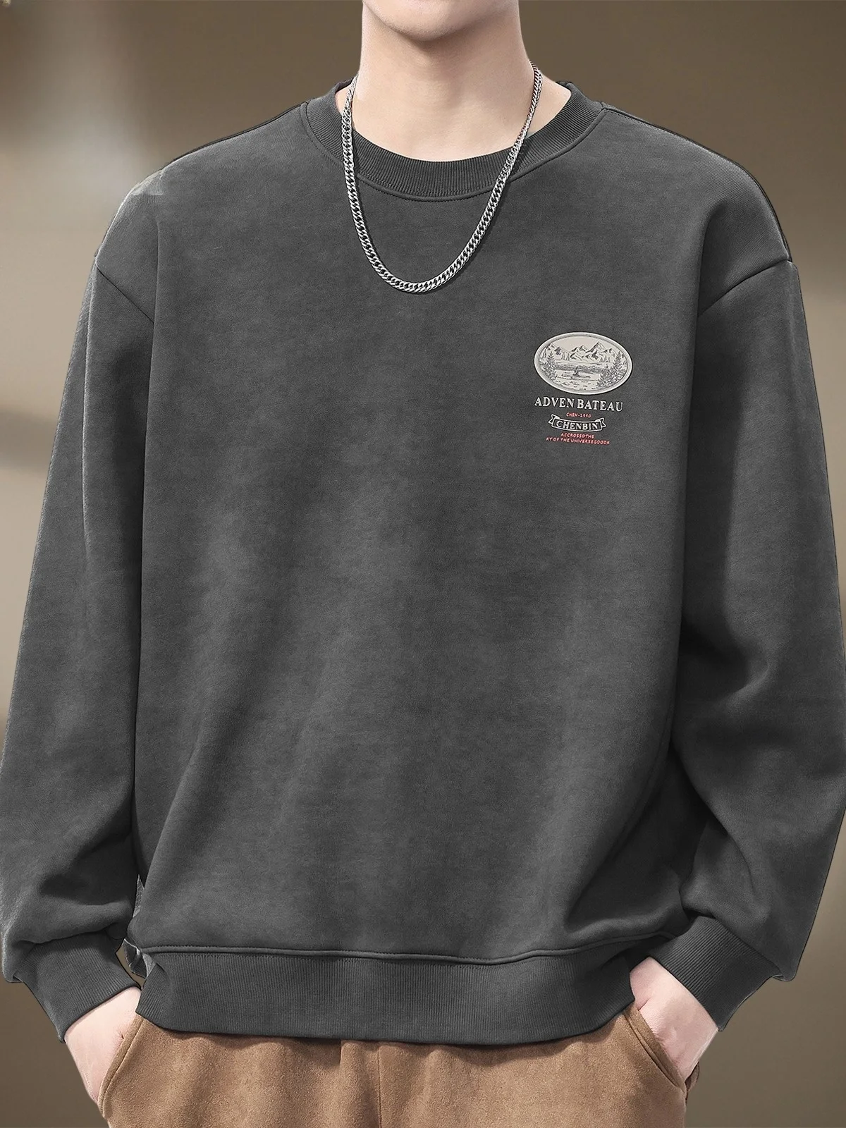 

Men's round Ne Sweatirt Casual American Retro Spring Base irt Long Sve Cotton Polyester Blend Anti-Wrinkle