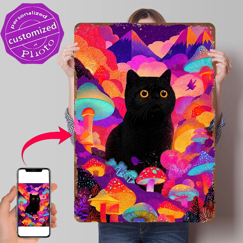 Black Cat in Psychedelic Mushroom Forest Personalized 3D Textured Metal Poster Wall Art Vintage Tin Signs for Home Decor Luxury