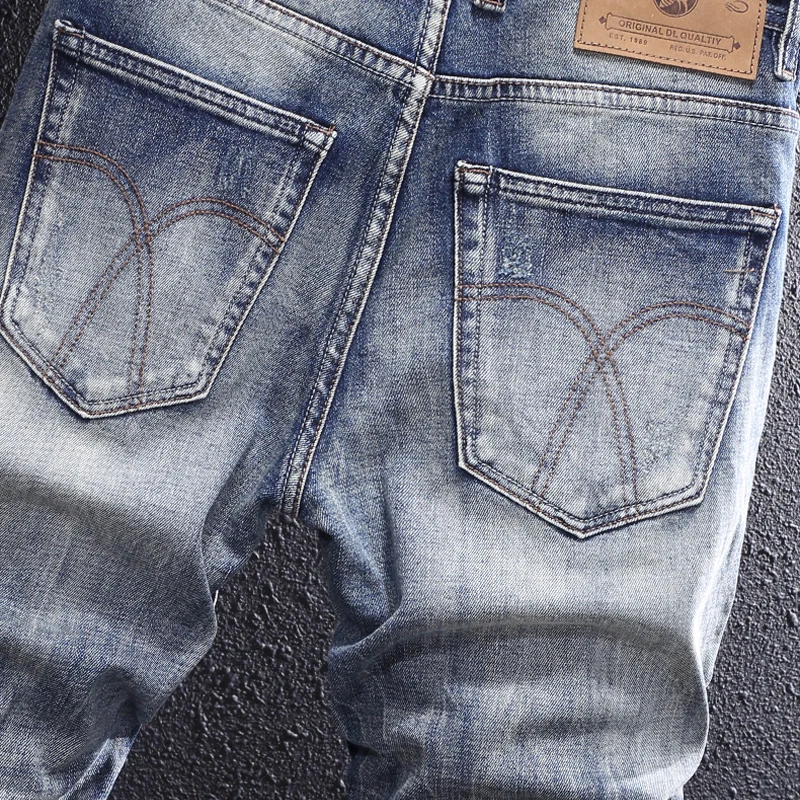 Newly Designer Fashion Men Jeans High Quality Retro Blue Elastic Slim Fit Ripped Jeans Men Trousers Vintage Denim Pants Hombre