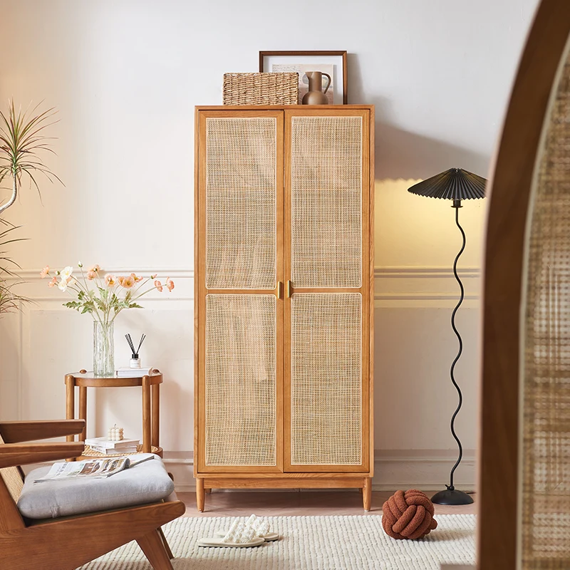 

Rattan Nordic Simple Modern Homestay Solid Wood Wardrobe Retro Home Bedroom Storage Locker