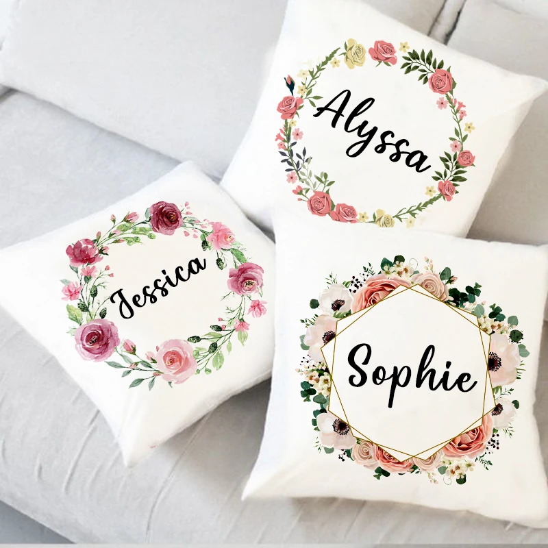 Personalised Pillow Case Custom Wreath with Name Cushion Cover Decor Home Pillowcase Housewarming Birthday Holiday Gift for Her