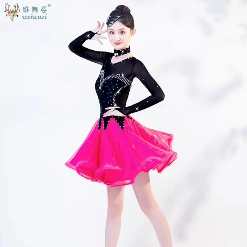 

Платье для латиноамериканских танцев, элегантный костюм для вечеринок, с длинными рукавами, для соревнований, танцевальный костюм для девочек и женщин, спортивная юбка для взрослых