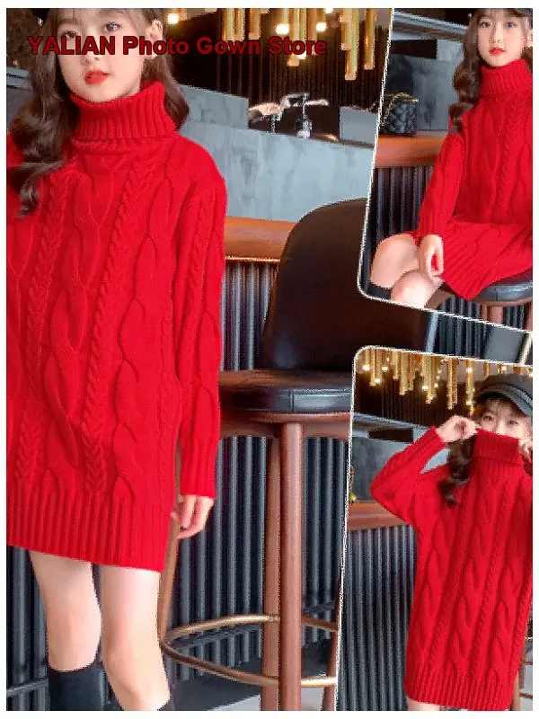 Girls Turtleneck Dress Autumn Winter Cable Knit Fleece Lined Loose Fit Long Bottoming Wear High Neck Older Kids