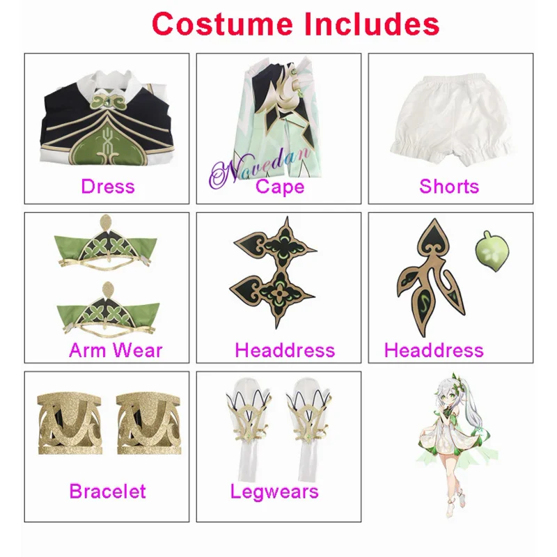 Disfraz de cosplay de Nahida para niños y mujeres, conjunto completo de Lord kusanali, vestido de sirvienta, zapatos con estilo, peluca, orejas, traje de juego de rol