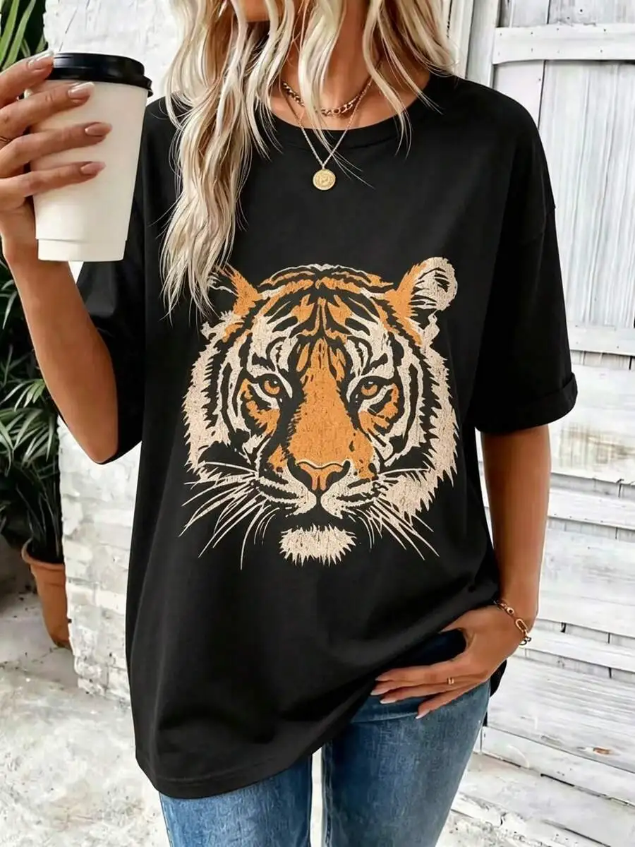 Oversized Women Tiger Graphic Print T Shirt Loose Short Sleeve Spring Summer Street Style Aesthetic Daily Wear Top