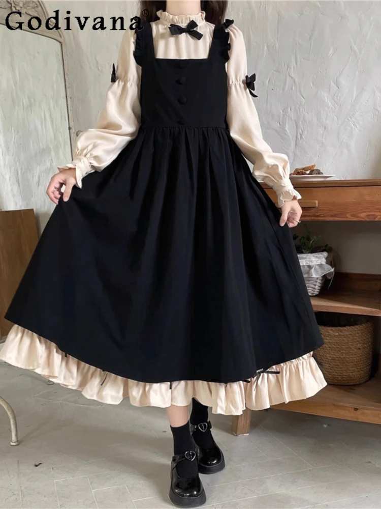 

L-4XL Large Size Spring New Japanese Puff Sleeve Lolita Black Strap Dress ladies Two-piece Set Bow Long Sleeve A-line Dresses