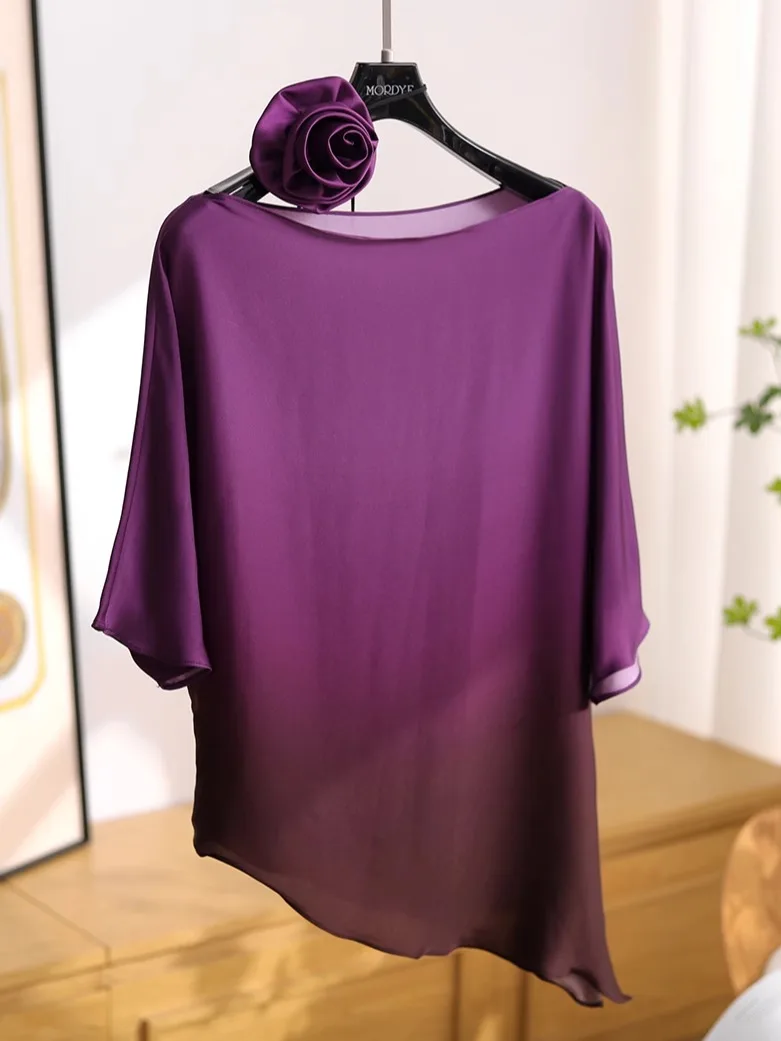 

adual Color Silk irt Asymmetrical ort Sve One-oulder Embroidered Decorated 3D Flowers Silk Women's Top