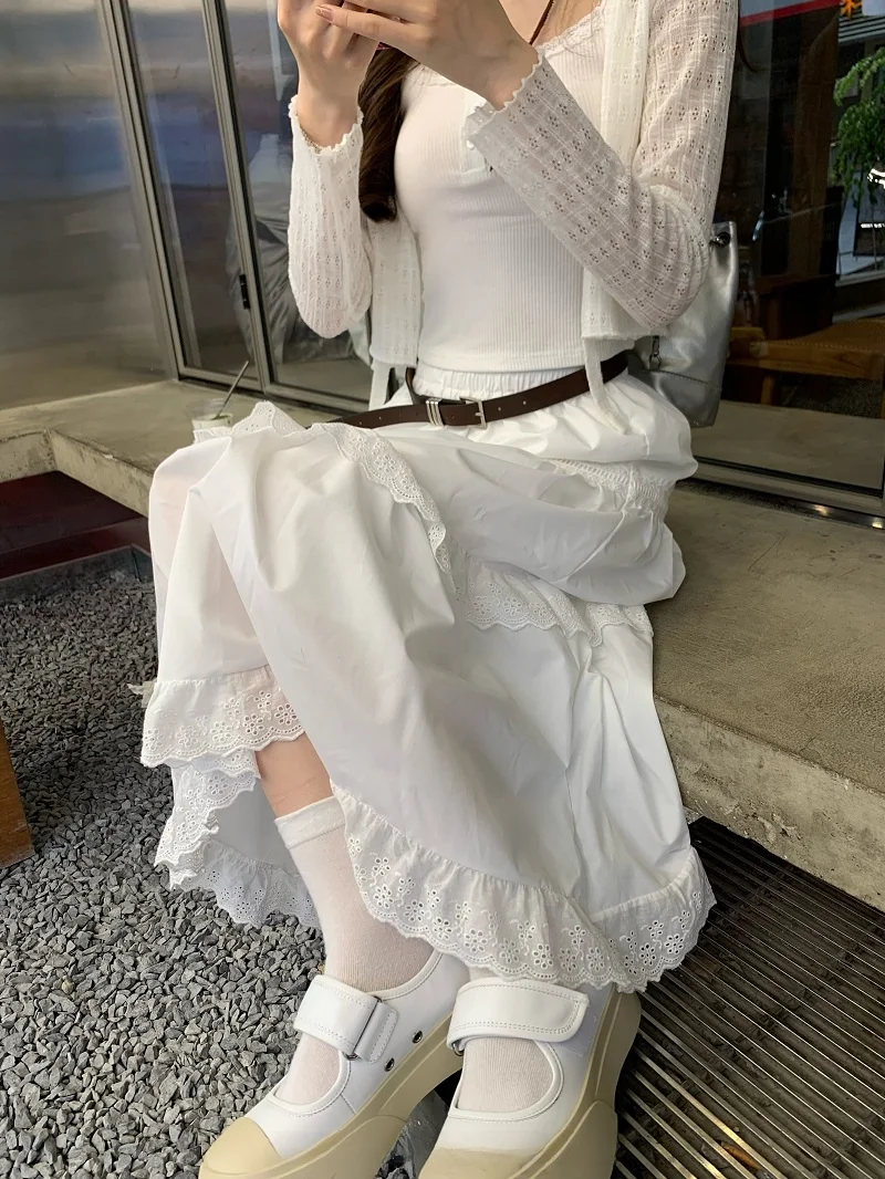 

Милая и крутая ажурная юбка с кружевной отделкой, тяжелая работа, женская летняя белая длинная юбка трапециевидной формы с высокой талией, повседневная юбка