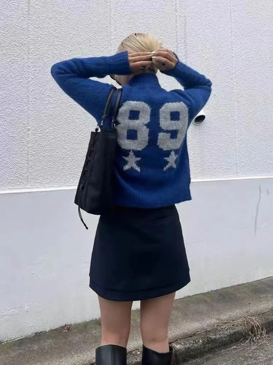 سترة صوفية ناعمة محبوكة بياقة زرقاء بسحاب ونقش زهور مطرز، كارديجان بياقة عالية للخريف والشتاء