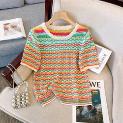 2024 Summer New Korean Rainbow Stripe Knitted Round Neck Hollow Out Short Sleeve T-shirt for Women