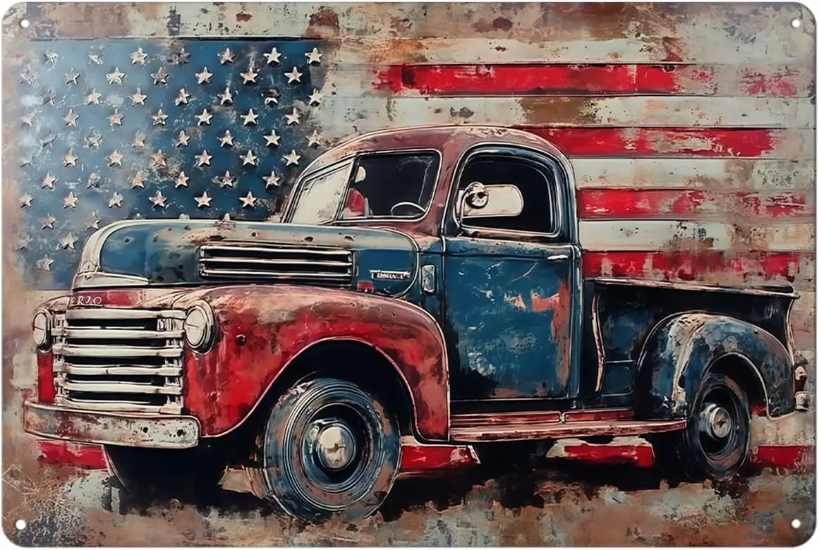 Vintage American Flag Sings Truck Metal Sign Print  in | Aesthetic Room Decoration, Home Wall Decor, Bedroom Kitchen Bar Dorm Ba