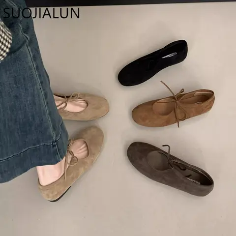 SUOJIALUN 2025 New Brand Women Flat Shoes Fashion Round Toe Shallow Lace Up Mary Jane Shoes Soft Flat Heel Dress Boat Shoes
