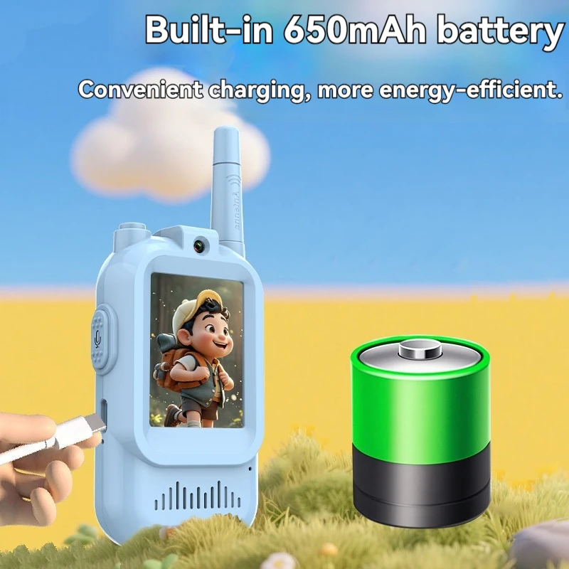 Walkie-talkie video per bambini, giocattolo da esterno a lungo raggio per bambini carini, ricarica di tipo C, radio e durata della batteria estesa