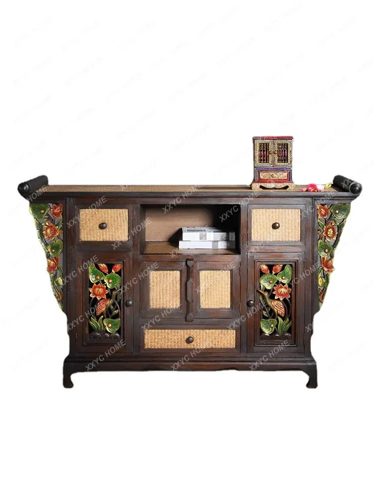 

Wood Carved Living Room Entrance Cabinet Thai Rattan Storage Organizer Decorative Cabinet Hand Painting Carving