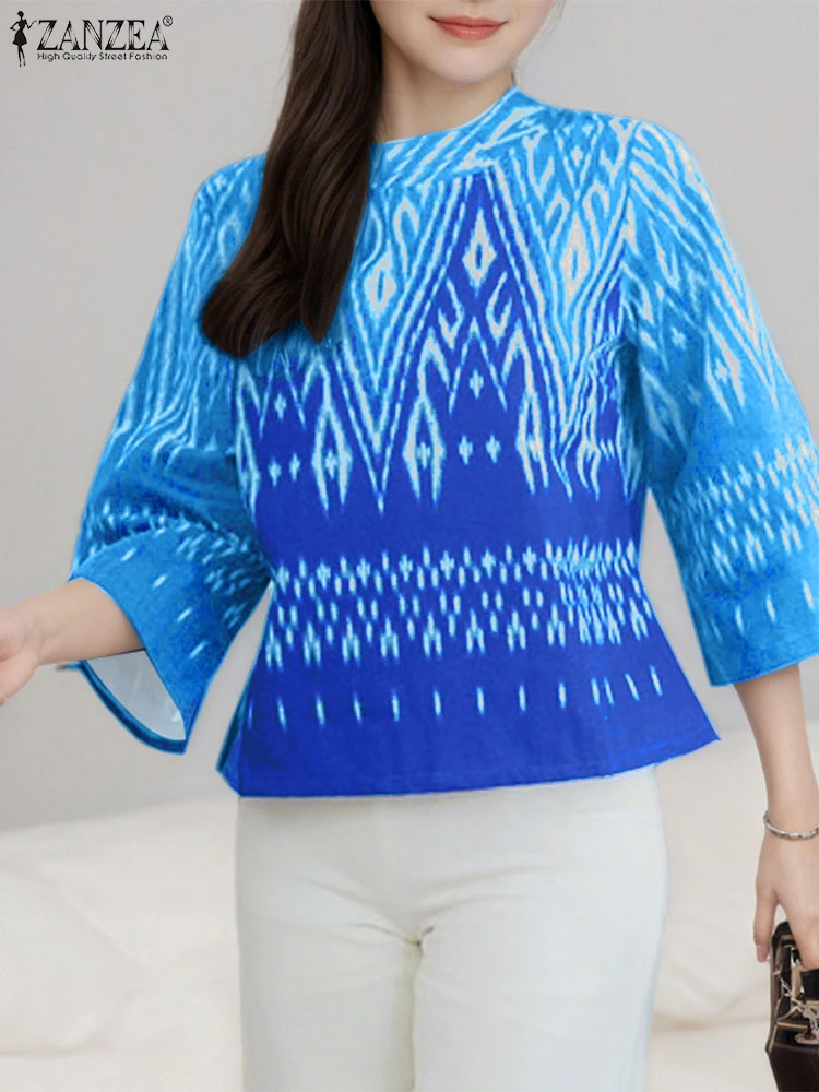 

ZANZEA Ethnic Vintage Geometric Print Blouses Woman 2025 Fall Round Neck 3/4 Sleeve Loose Blusas Mujer Casual Holiday Ikat Tops