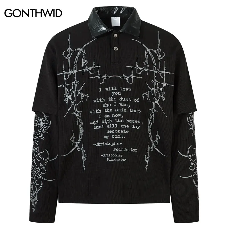 

Vintage Polo Shirt Y2K Grunge Streetwear Graphic Printed Fake Layered Two Piece Long Sleeve Shirts Hip Hop Casual Gothic Shirt