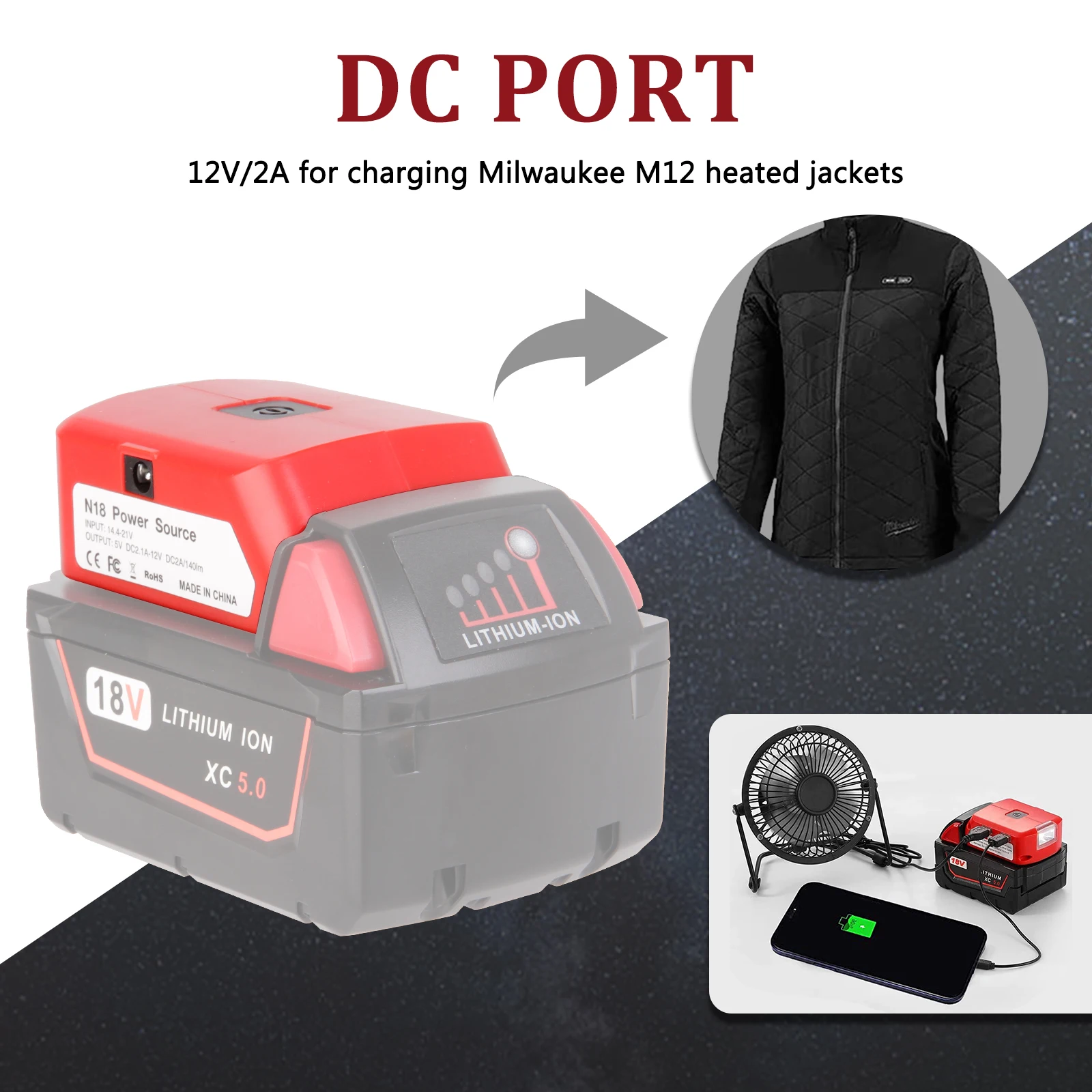 Battery Adapter For Milwaukee M18 18V Battery DC 12V/2A LED Light USB Charger Power Source With Type C Port For Heated Jacket