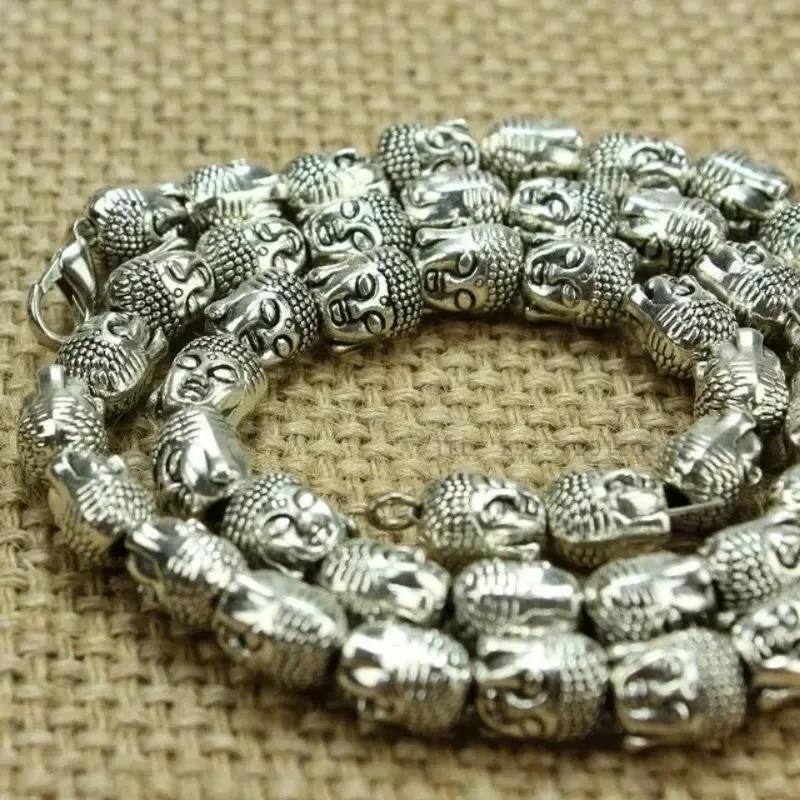 Retro Miao Silver Beaded Bracelet, Double Sided Buddha Head Sakyamuni Carving, Unisex Vintage Handmade Jewelry