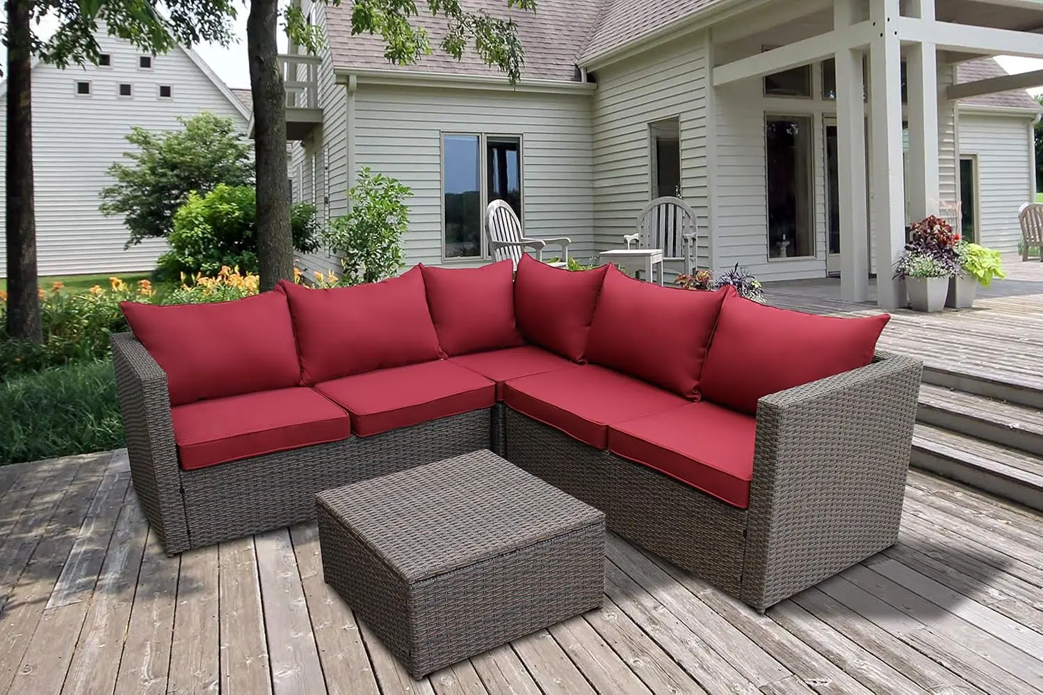 

Patio Furniture Set with Ottoman Square Coffee Table Patio Sectional Sofa Couch, Modern Brown Rattan Wicker with Seat Cushions