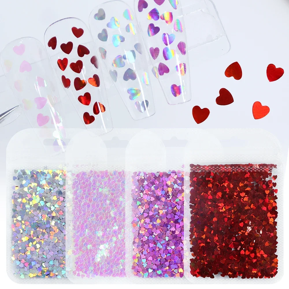 

4 Bags Love Heart Sequins Valentines Day Nail Art Decoration Sparkly Holographic Heart Shape Glitter Flakes Manicure Accessories