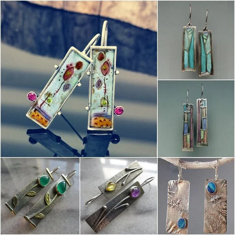 

Bohemian Tribal Hollow Out Metal Long Earrings Pendant Jewelry Vintage Irregular Pattern Mix Color Dangle Earring for Women