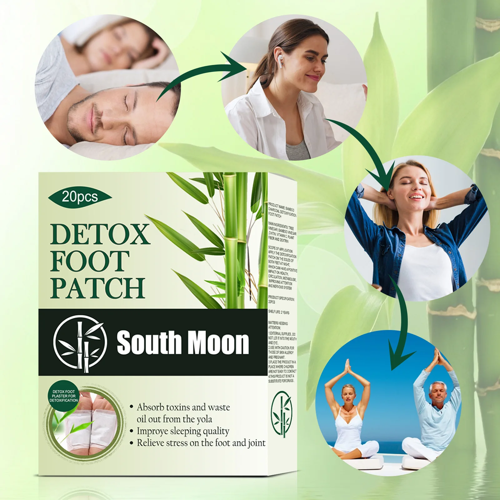 Detoxification Foot Sticker Improve Sleep Headache Back Pain Loss Weight Relieve Stress Remove Toxin Bamboo Charcoal Foot Patch