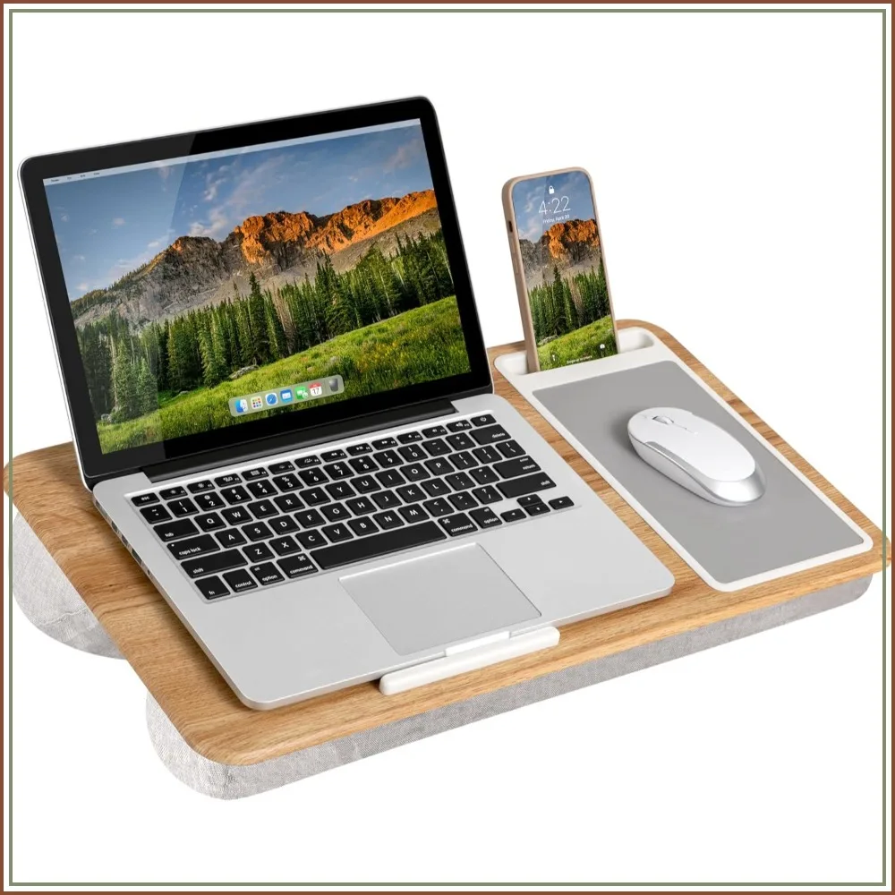 Mesa de Colo com Suporte para Dispositivos, Mouse Pad e Suporte para Celular - Acabamento em Madeira Carvalho - Compatível com Laptops de 15.6 polegadas