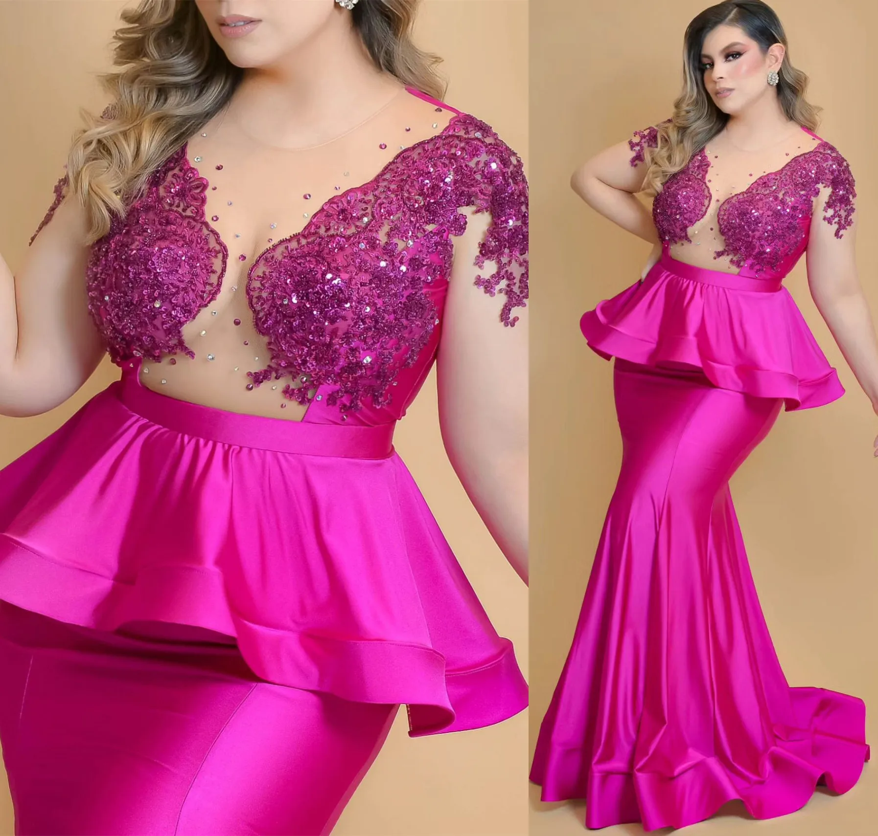 2024 Fuchsia Mermaid  Prom Dresses Lace Beaded Satin Evening Formal Party Second Reception Birthday Engagement Gowns Dress ZJ32