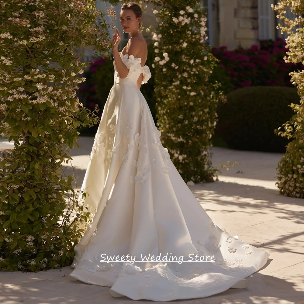 Customized Wedding Dress New Arrival Off The Shoulder Strapless handmade Flowers Sweep Train Bridal Gown back zipper
