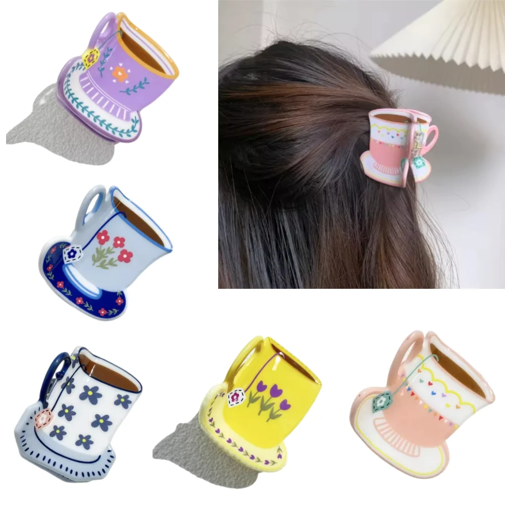Süße süße Kunststoff Pastoral Blumendruck Tasse Hai Haarnadel für Frauen Mädchen neue süße Vasenform Haarspange Klaue Zubehör