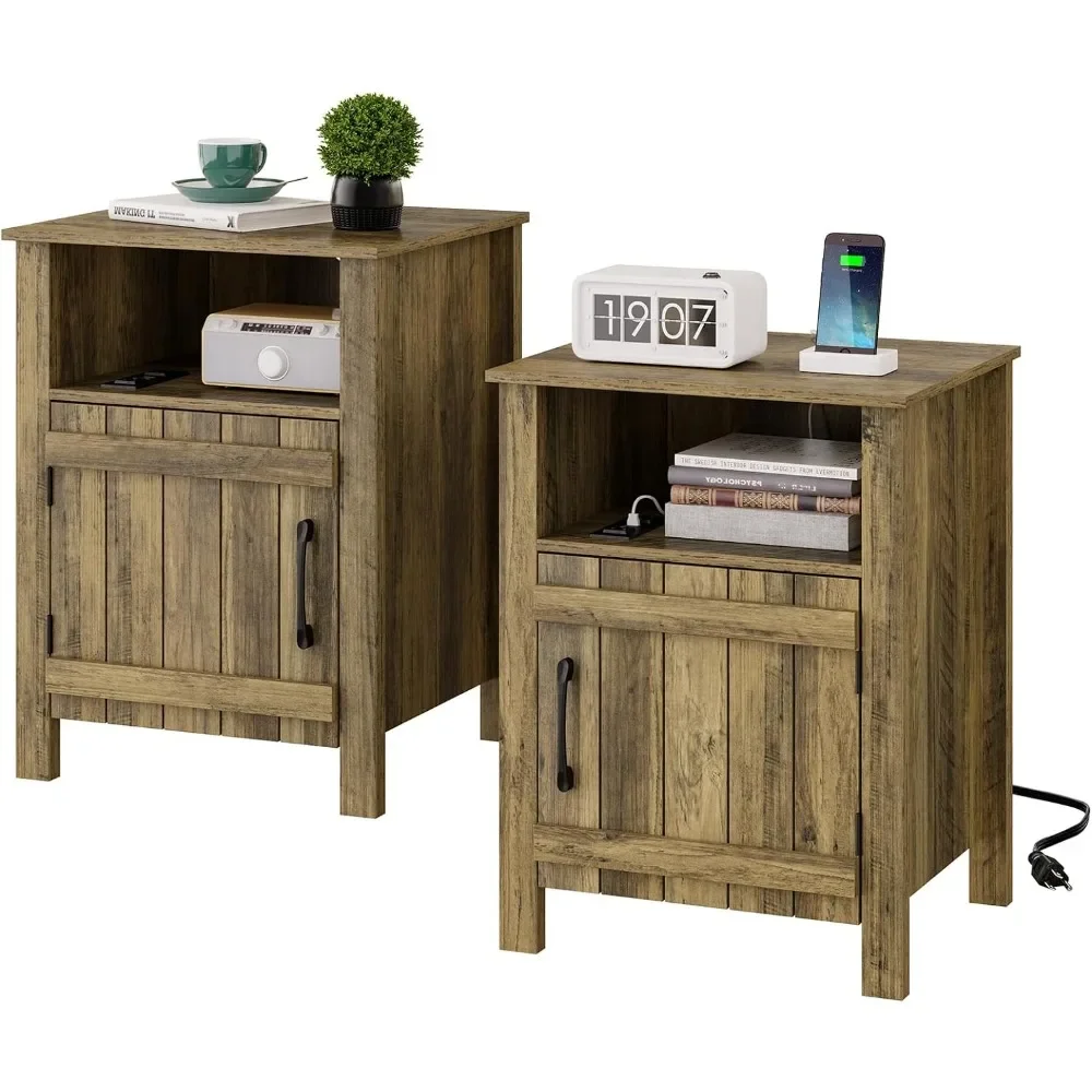 

Set of 2 Nightstand Farmhouse End Table with Charging Station, Bedside Table with Barn Door and Storage Shelf, Wooden Side Table