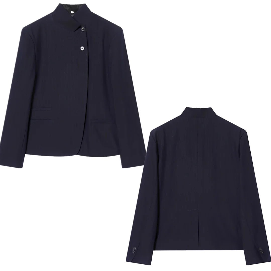 

Maxdutti 2026 Весенняя модная женская куртка-блейзер в темно-синюю полоску, элегантный минималистичный жакет с воротником-стойкой