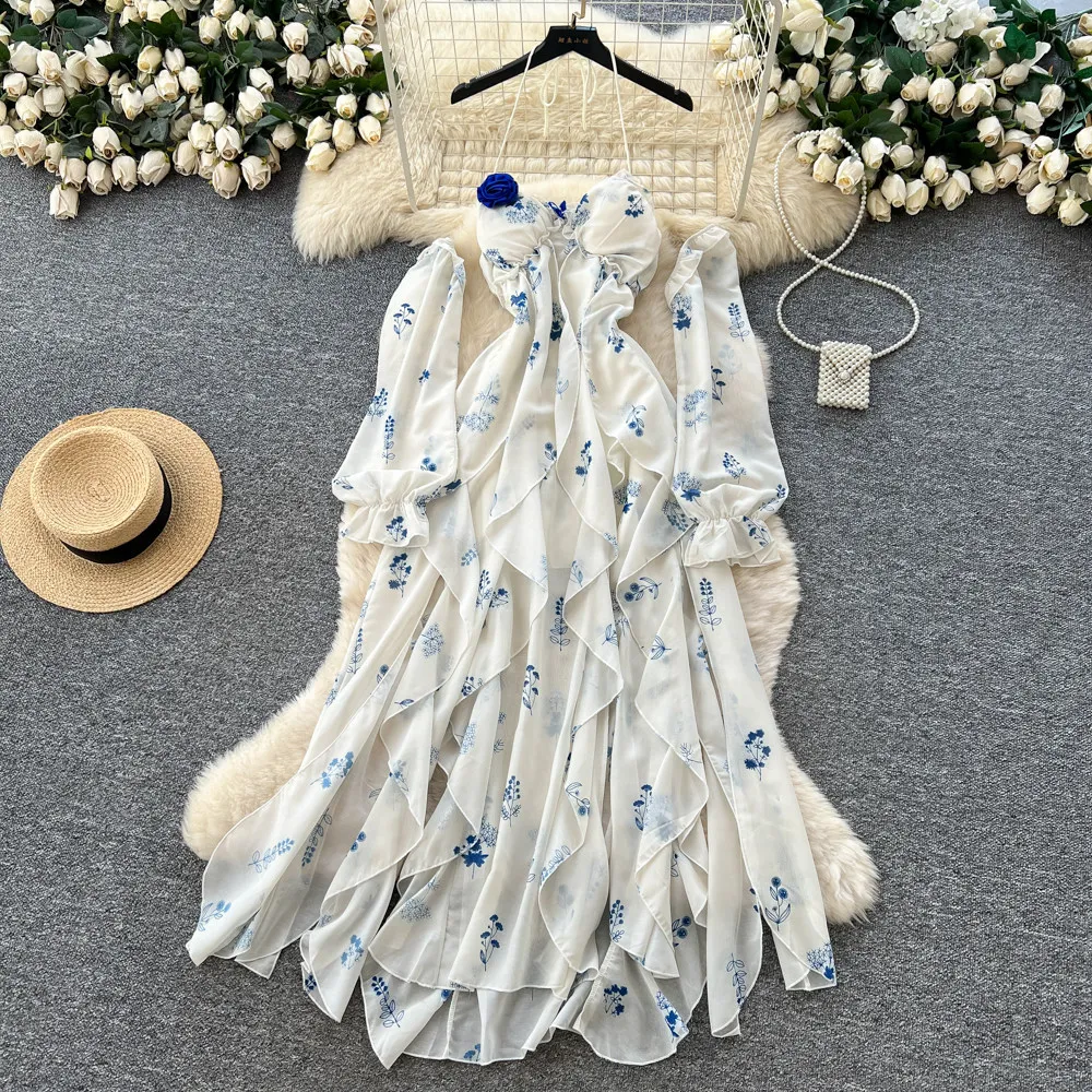 

Women Neck Mounted Dresses Print Backless Dress Ruffles A Line Ankle Lenth Waist Cinch Slim Fit Holiday Casual 2026 Summer