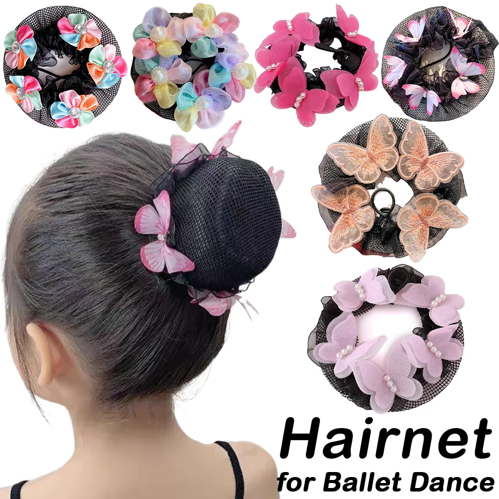 

1Pc Girls Dance Hairnet Kids Dancing Bun Hairnet Ballet Latin Hair Winding Tool Flower Butterfly Rhinestone Pearl Children