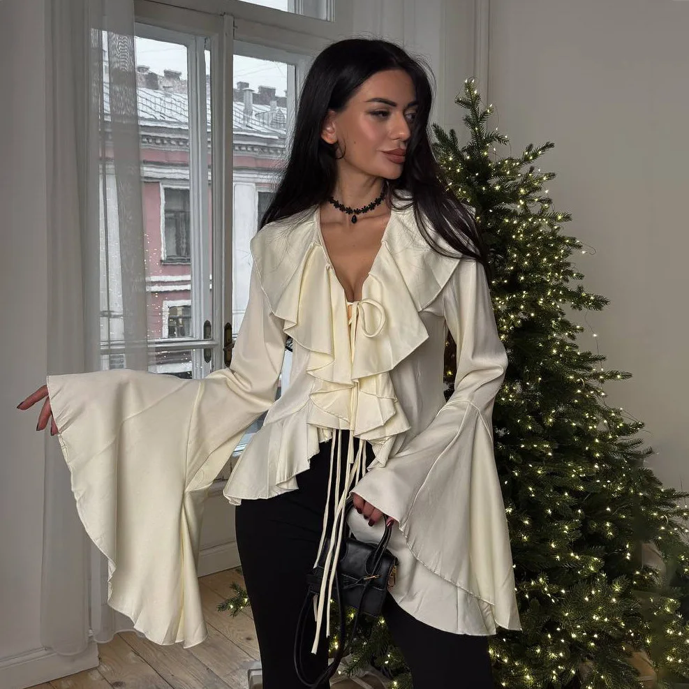 

2026 New Casual Lotus Leaf Sleeve Slim Shirt Women Spring Sexy And Elegant Solid Color V-neck Long-sleeved Lace-up Top For Women