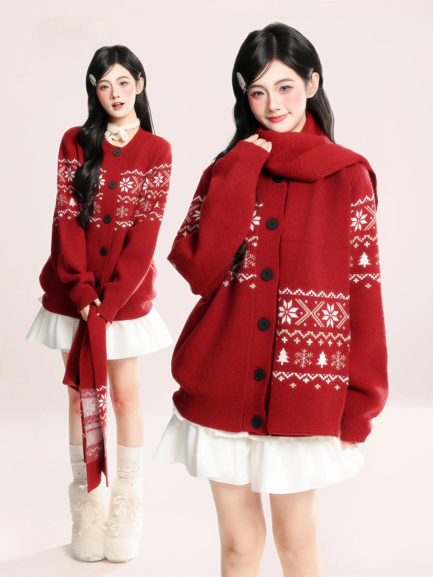 

Красный вязаный свободный свитер с узором «Фейр-айл», новогодний подарок для женщин, весна-осень-зима, повседневный, круглый вырез...