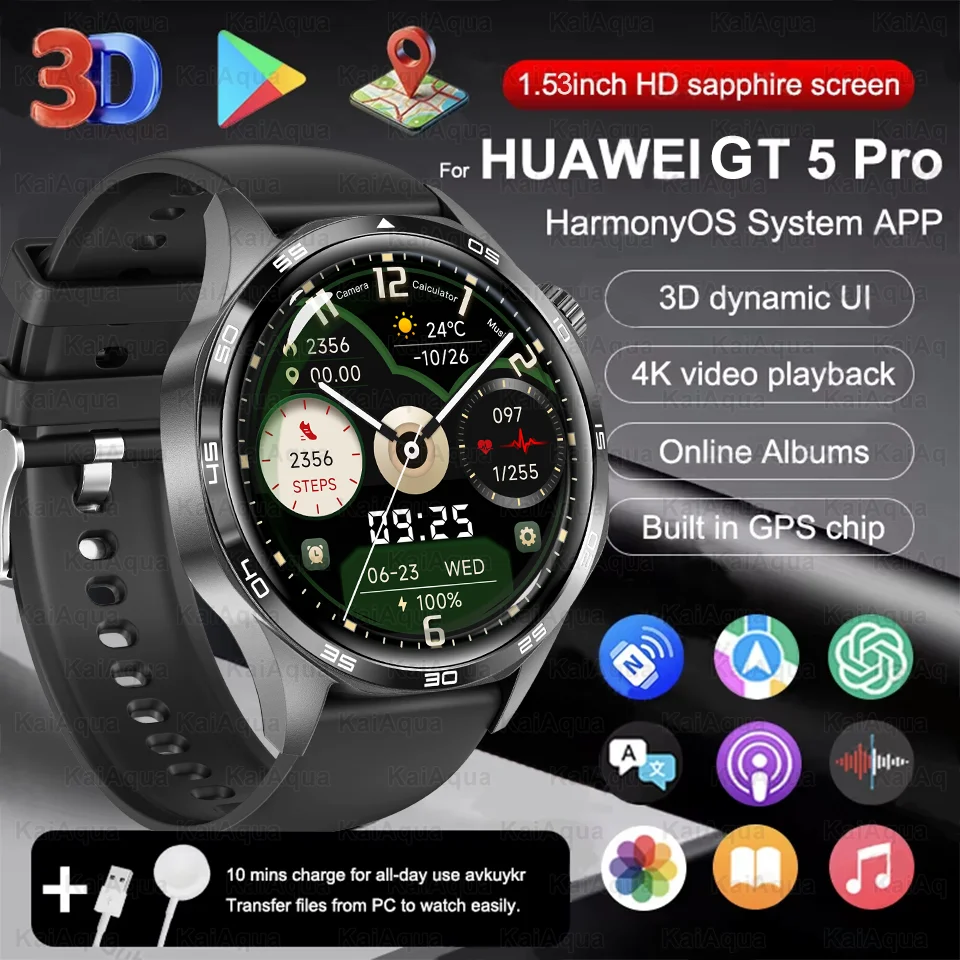 

Часы GT5 профессиональные умные часы Классические 1,53-дюймовый HD AMOLED-экран IP68 Водонепроницаемые Bluetooth-вызовы с пульсометром и компасом Смарт-часы