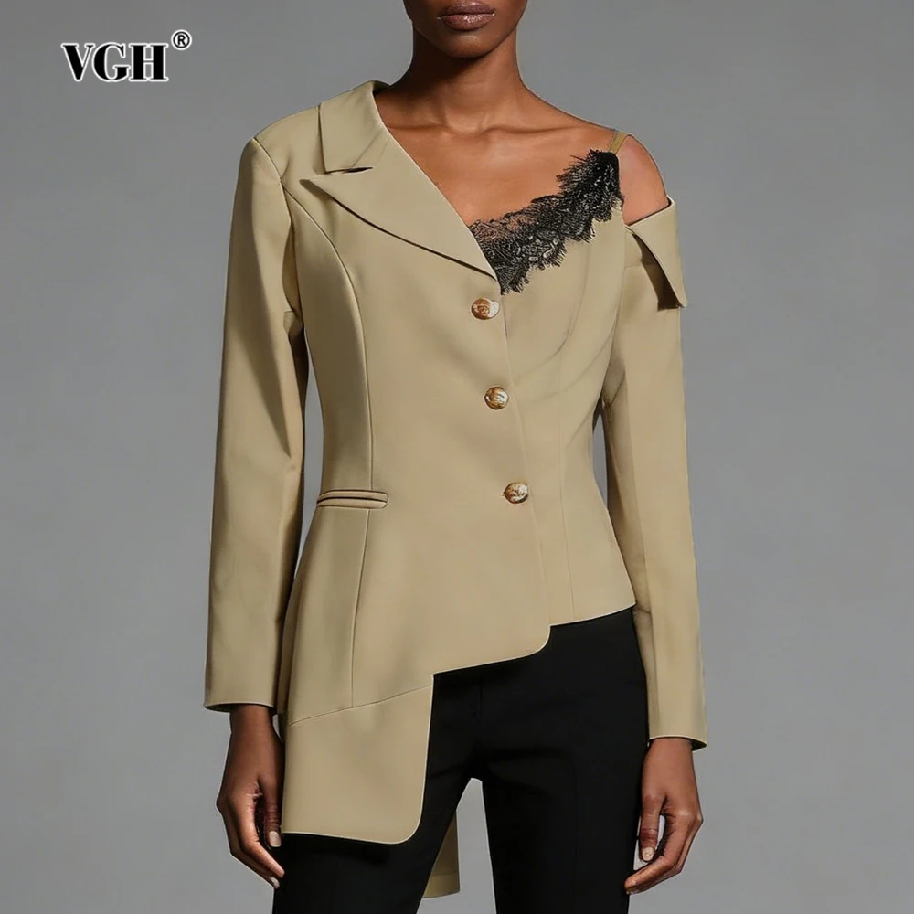 VGH Hit Color Sexy Irregular Jackets For Women V Neck Long Sleeve Splice Lace Autumn Temperament Party Blazer Female Fashion New