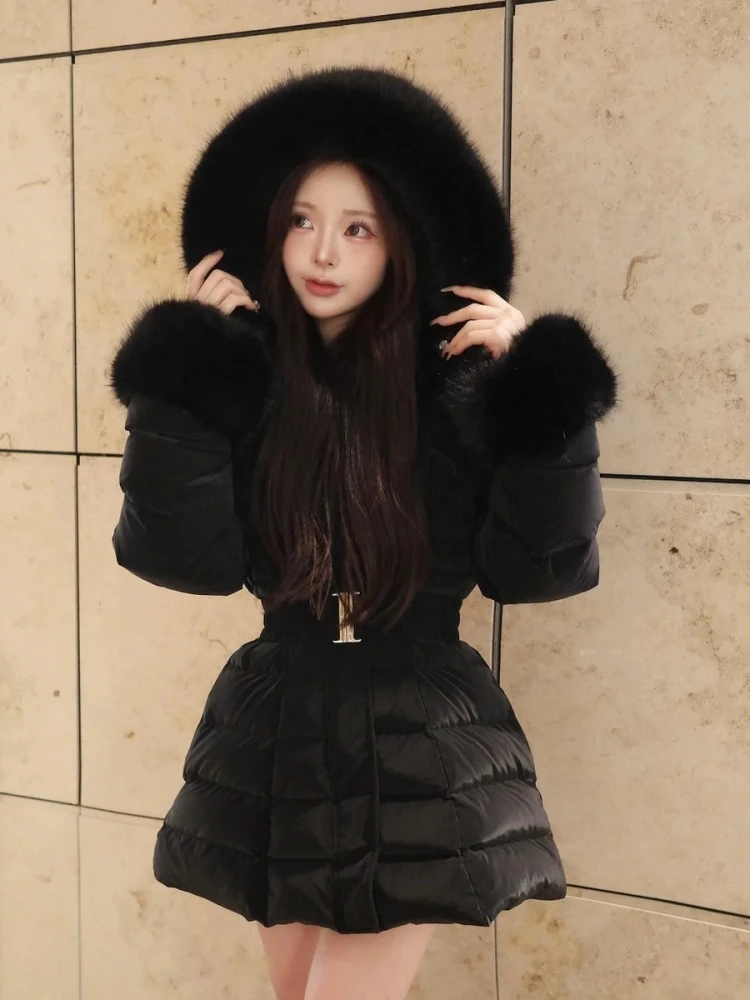 

Женская утепленная куртка-пуховик средней длины с капюшоном, 90% белый пух, с регулировкой талии, теплая, для повседневной носки, из нейлоновой ткани