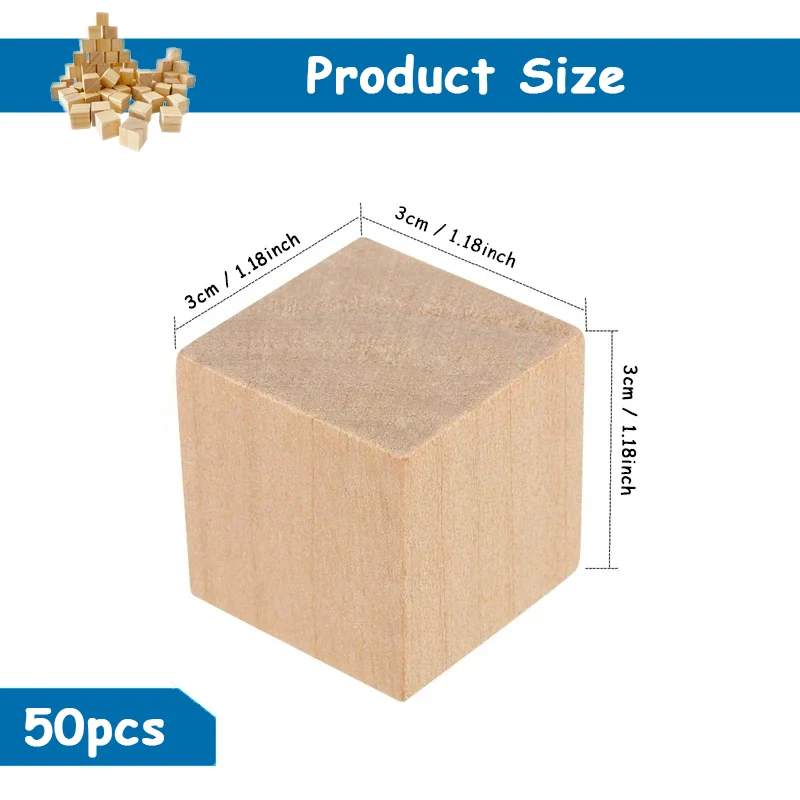 50pcs 3cm Wood Blocks for Crafting, Unfinished Pine Wood Square Blocks Blank Cubes for DIY Project, Puzzle Making, Home Decor