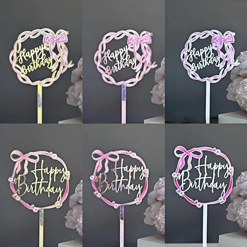 2025 New Unique Design Happy Birthday Cake Topper Cream Decoration Gold Bow Acrylic Kids Party Cake Toppers Gift Baking Supplies