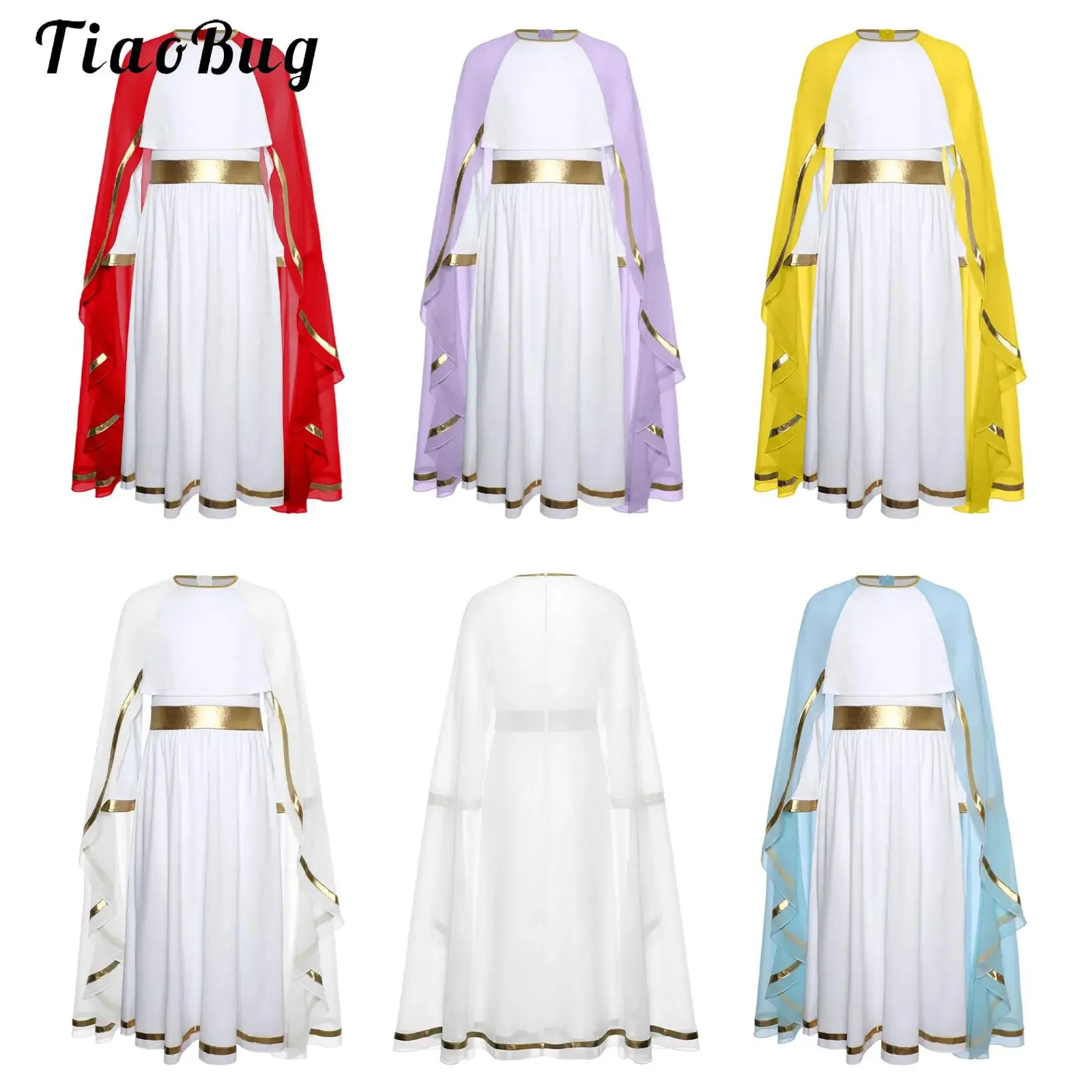 

Halloween Virgin Mary Costume for Kids Girls Fancy Greek Goddess Cosplay Long Sleeve Ruffled Dress with Chiffon Cape Theme Party