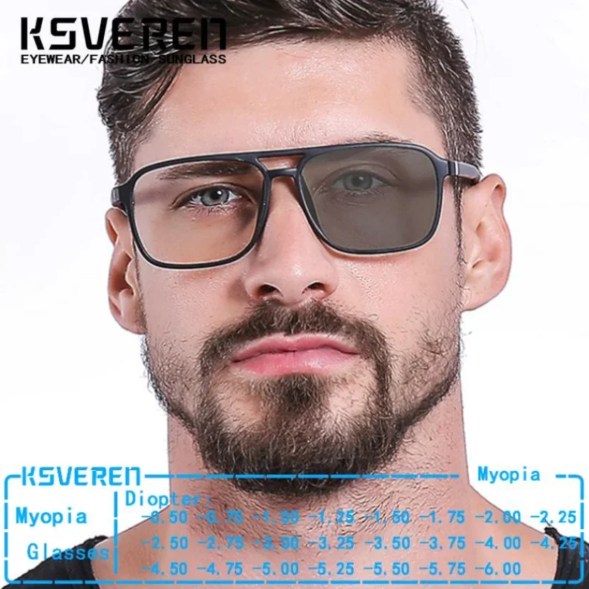 

Double Bridge Pilot Square Photochromic Myopia Glasses Men Full Rim Glasses Frames Vintage Color Changing Near Sight Eyewear