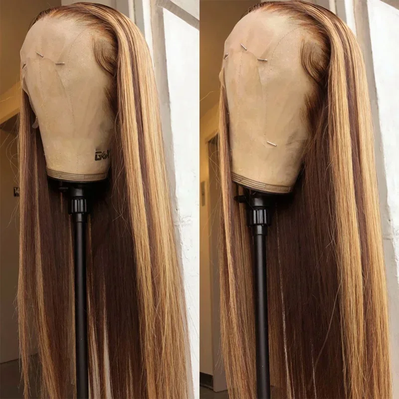 30 Inch Straight Highlight Front Human Hair 13X4 Lace Frontal Brazilian Remy 13X6 Honey Blonde Colored Wigs For Wo B12