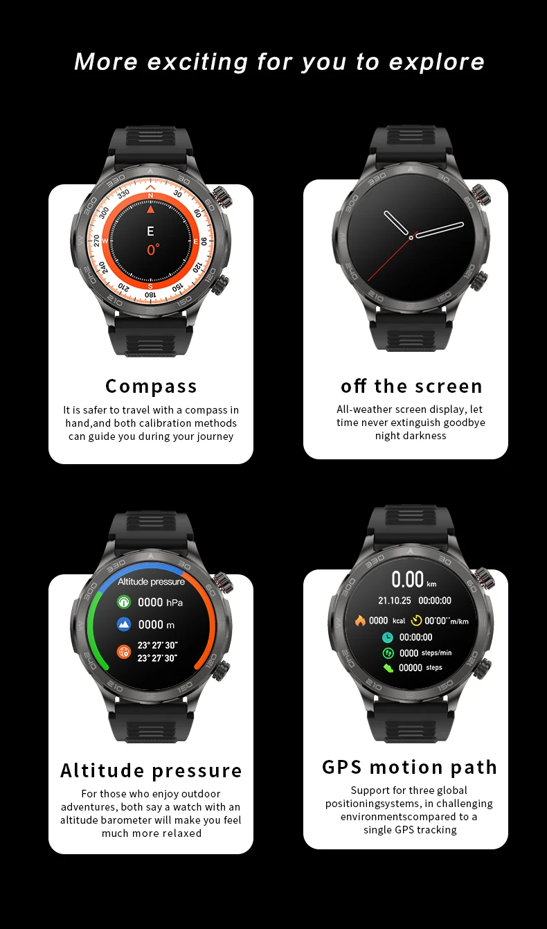 GT4 Pro + สมาร์ทวอท์ชสำหรับผู้ชาย1.6นิ้วหน้าจอใหญ่โทรผ่านบลูทูธ NFC เข็มทิศ GT4Pro อัตราการเต้นของหัวใจบวกสายรัดข้อมือฟิตเนสใส่เล่นกีฬา