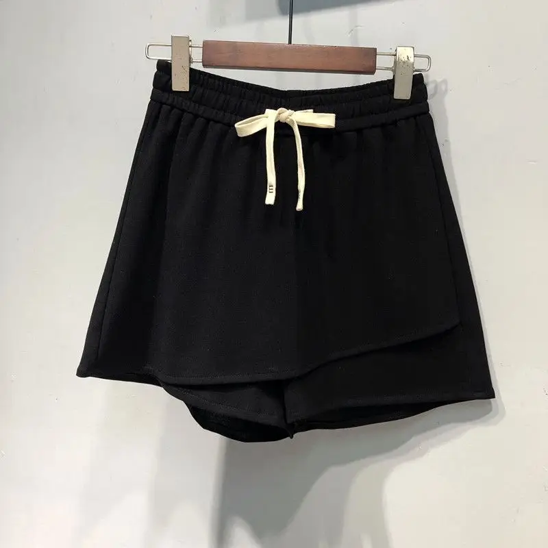 Culottes Women Oversize 145KG Solid Color Shorts Skirts Elastic Waist Loose Fake Two-piece Patchwork A-line Wide Leg Short Pants