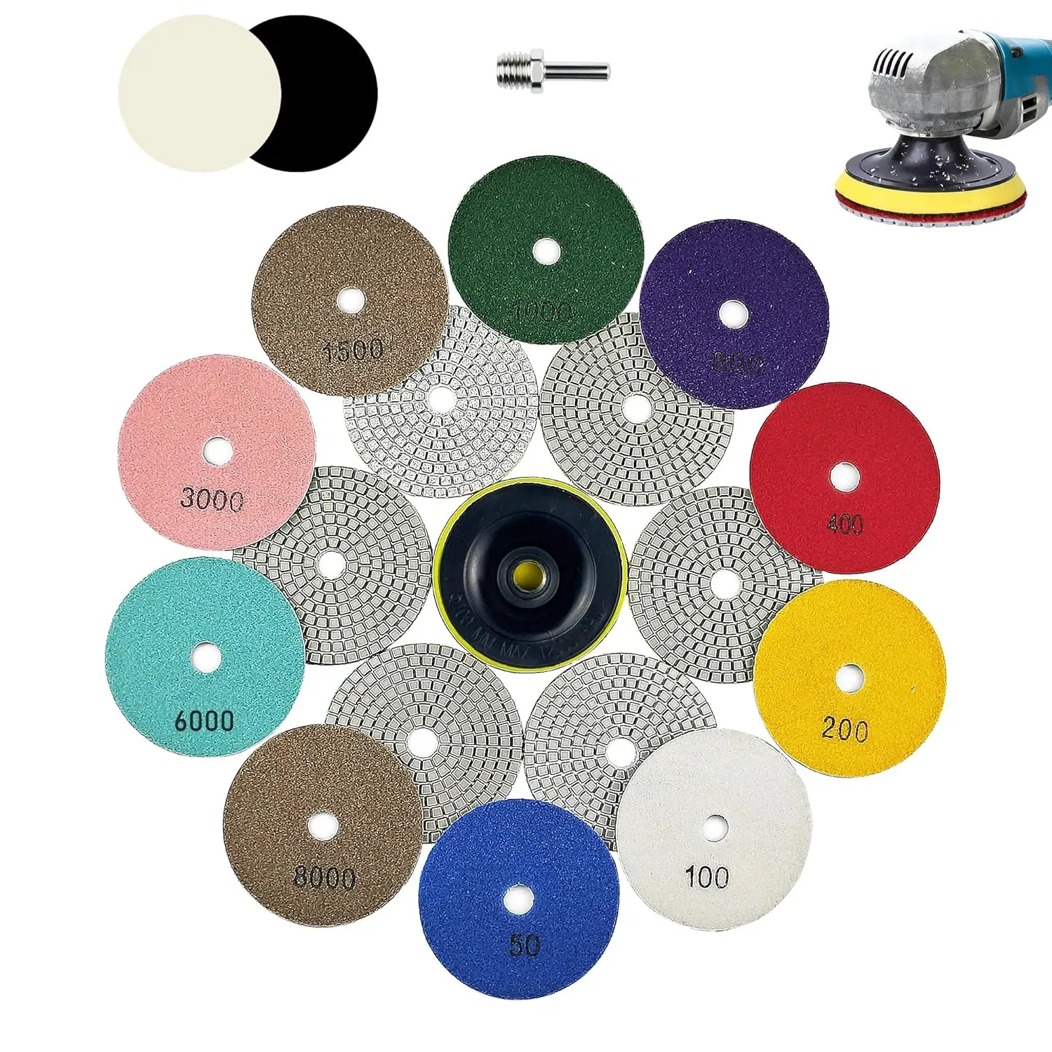 

14Pcs Diamond Polishing Pads 50-8000 Grit Wet/Dry for Granite Marble Concrete Stone with 5/8''-11 Backer Pad & Drill Adapter
