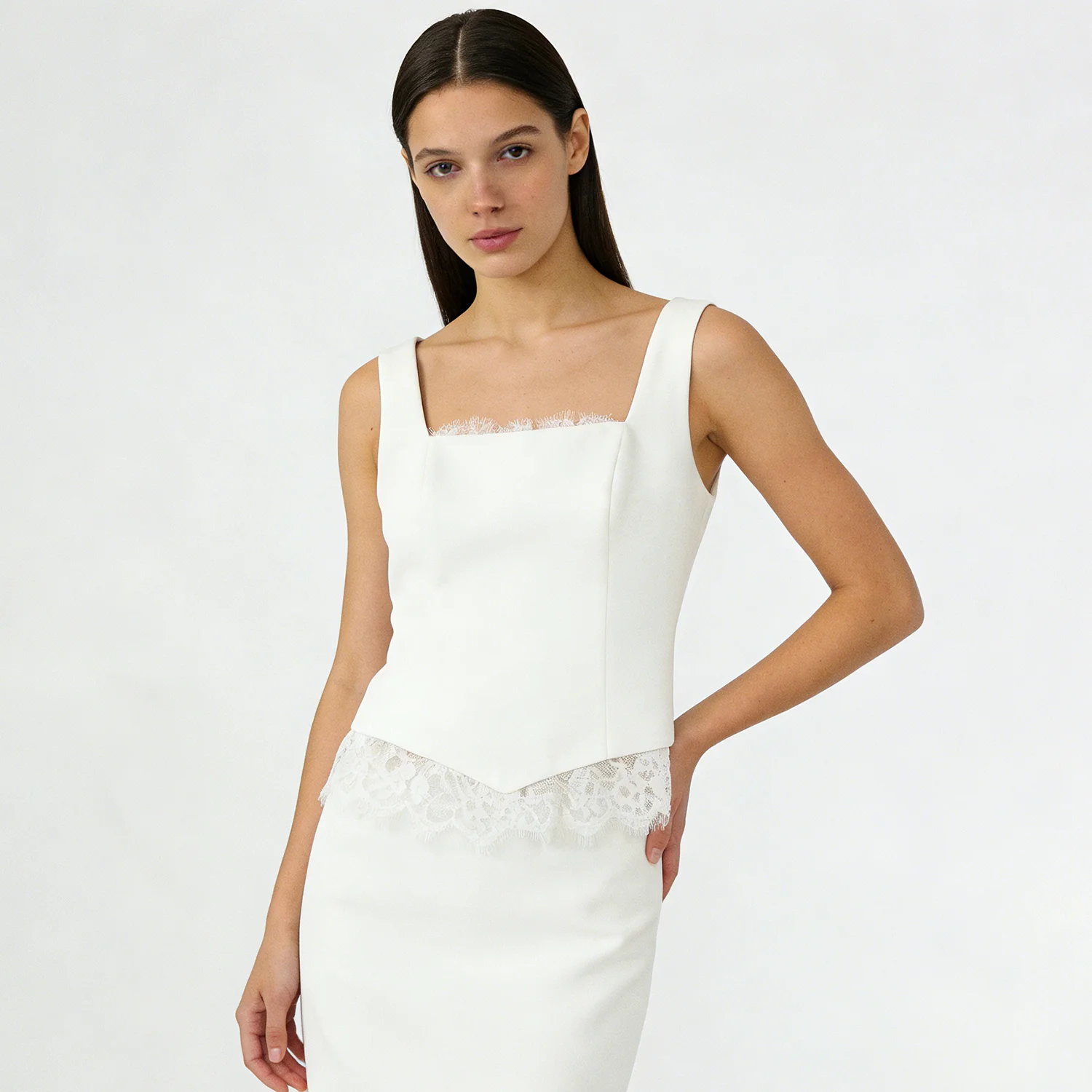 

2026 Woman Elegant Two-Piece Set – Square Neck Lace Trim Crop Top & Flared Mini Skirt with Lace Hem for normal or party